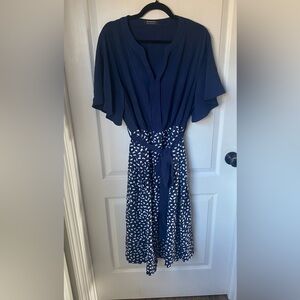 BloomChic Polka Dot Patchwork Ruffles V Neck Pocket Belted Dress